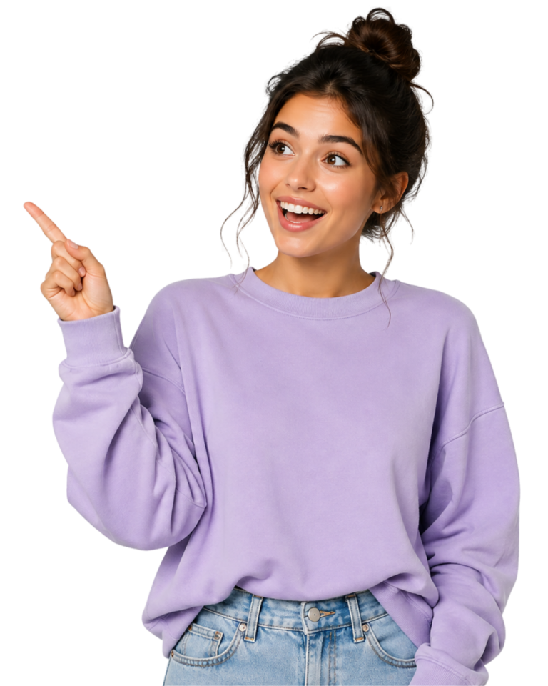 Smiling woman in a light purple sweater.