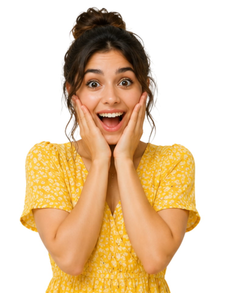 A girl wearing yellow dress surprised by inkle products